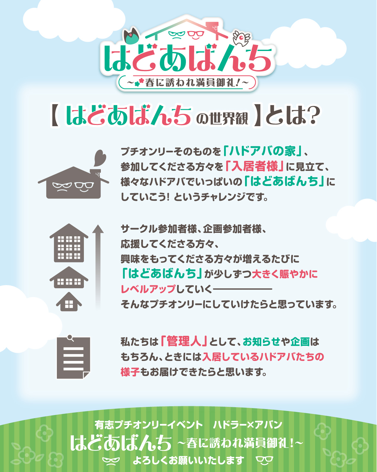 はどあばんちの世界観とは？を説明するイラストカード。家が入居者（参加者）によってレベルアップし、大きく賑やかになっていく様子を紹介している